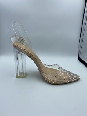 Azalea Wang Gamma Clear Rhinestone Pointed Toe Block Heel Pumps Size 6 Brand New